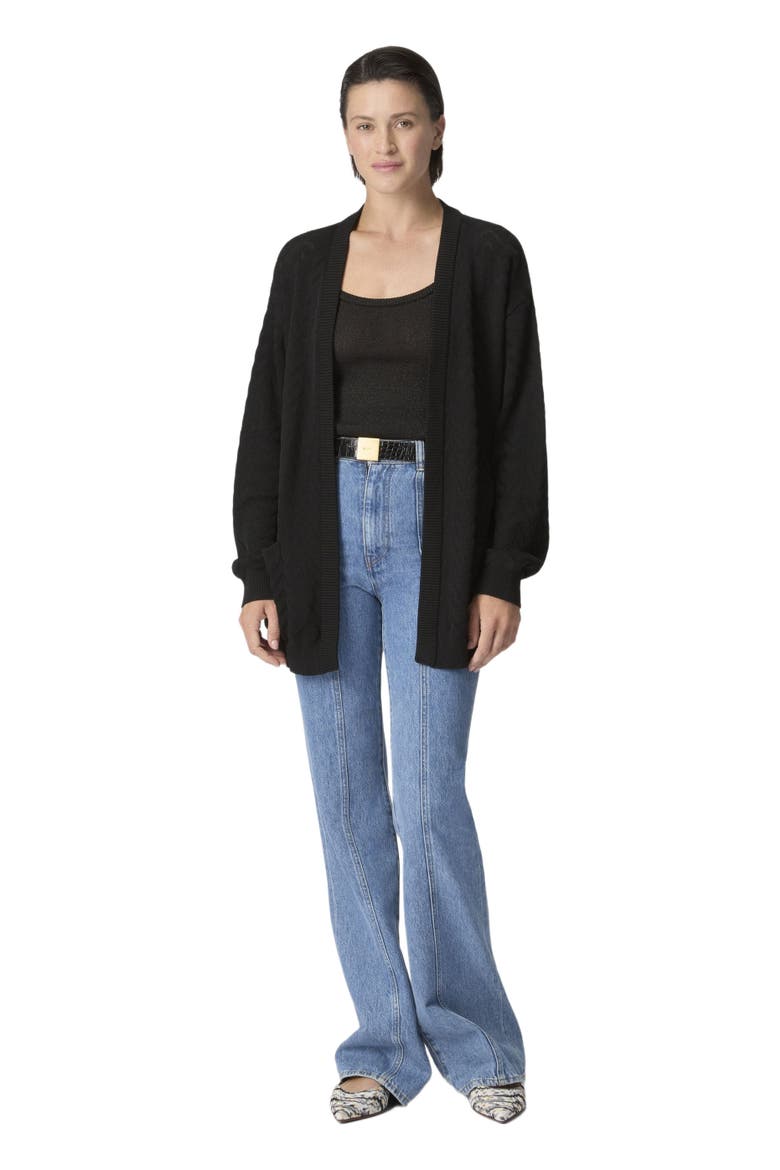 Cardigan In Cotton And Viscose Chevron With Belt, Main, color, Black