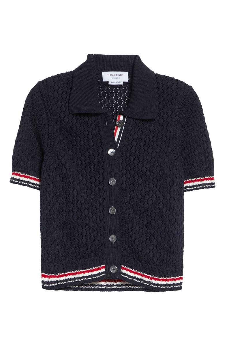 Thom Browne Hector Icon Pointelle Stitch Crop Cardigan, Main, color, Navy