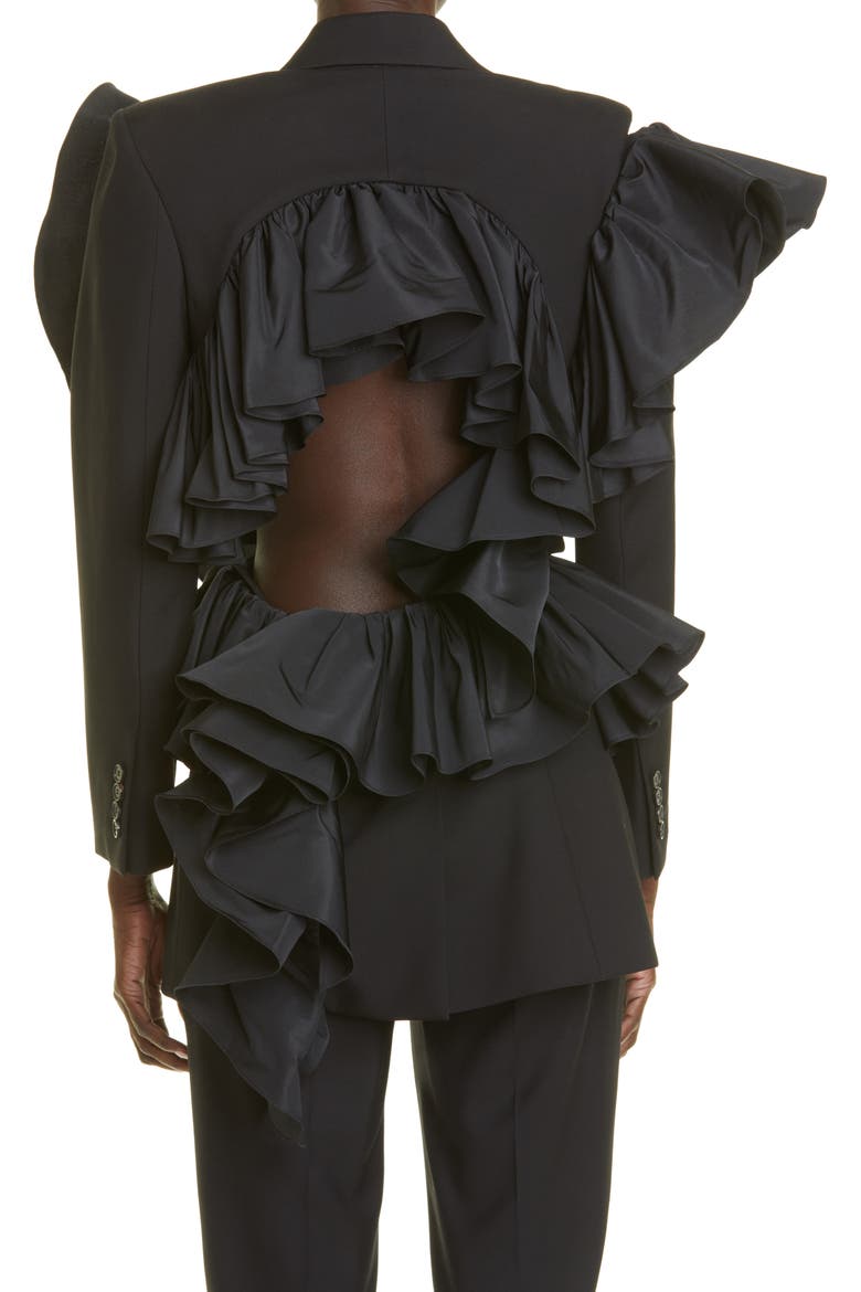 Alexander McQueen Open Back Ruffle Blazer, Alternate, color, BLACK