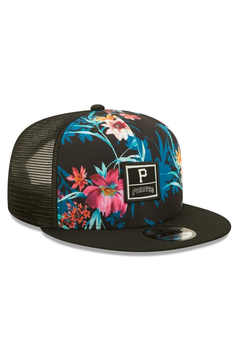 Men's New Era Black Pittsburgh Pirates Tropic Trucker 9FIFTY Snapback Hat, Alternate, color, Black