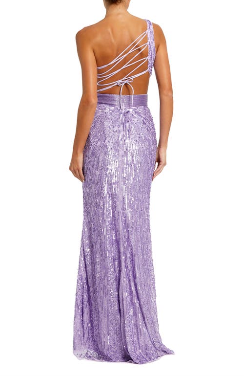 Mac Duggal Sequined One Shoulder Draped Lace Up Gown In Lilac