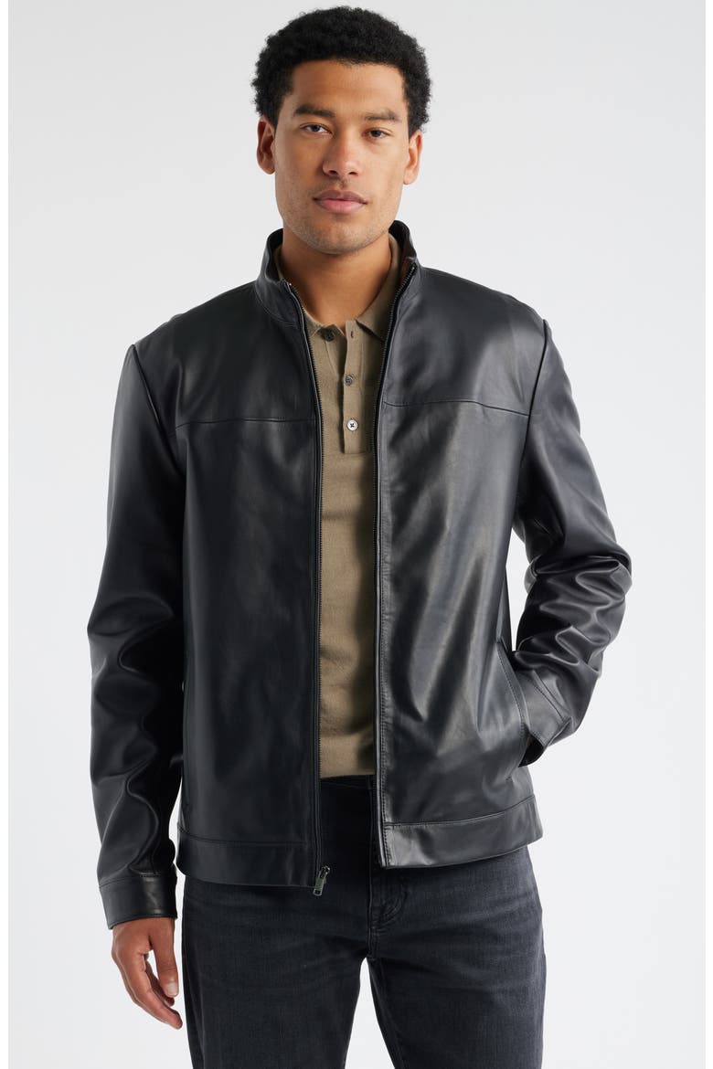 Stand Collar Leather Bomber Jacket, Main, color, BLACK