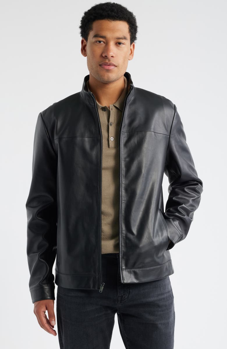 Nordstrom Stand Collar Leather Bomber Jacket, Main, color, Black