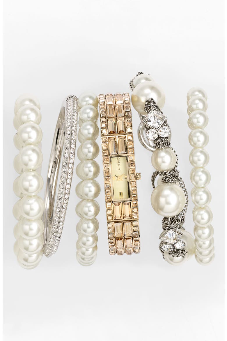 Glass Pearl Stretch Bracelets, Alternate, color, WHITE PEARL/ SILVER
