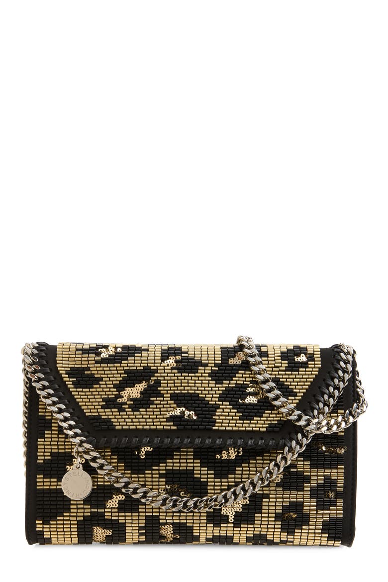 Falabella Beaded Leopard Wallet on a Chain, Main, color, BLACK/ GOLD