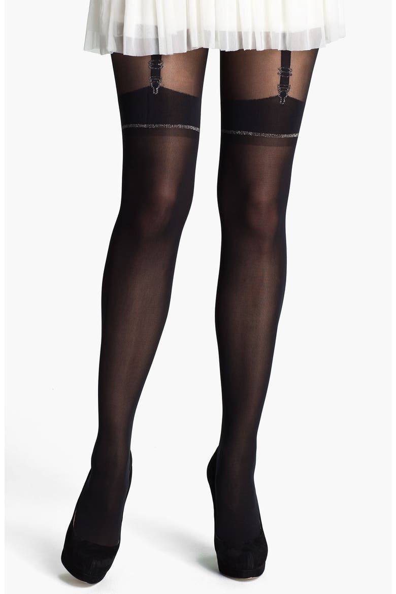 'Stunning' Mock Suspender Tights, Main, color, BLACK/ SILVER