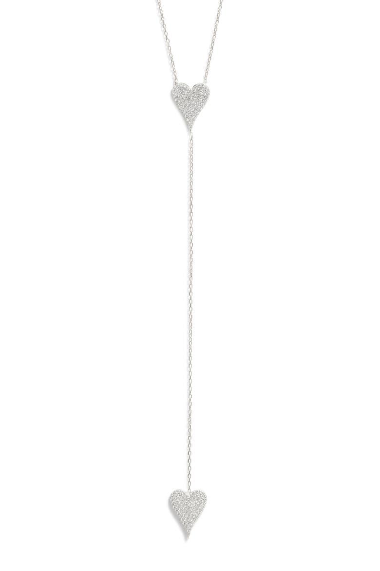 Double Pavé Heart Y-Necklace, Main, color, SILVER/ WHITE