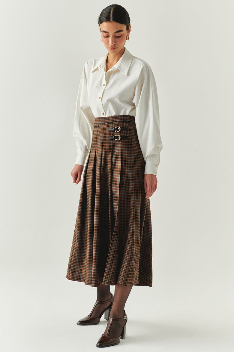 Zayla Checked Midi Skirt, Alternate, color, Brown