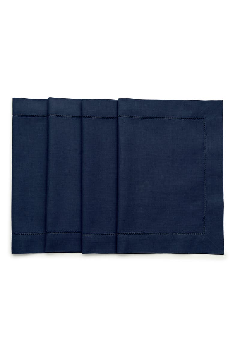 Cotton Linen Hemstitch Placemats Set of 4, 14 x 19 Inch, Main, color, Navy
