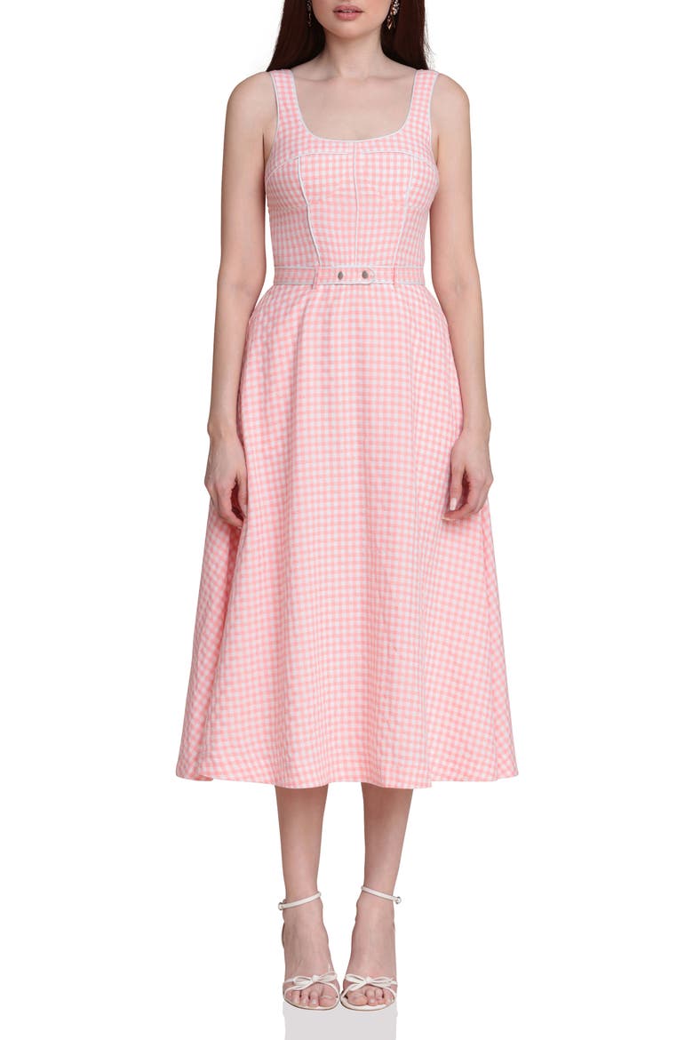 Bustier Bodice Gingham Midi Dress, Main, color, PINK - WHITE GINGHAM