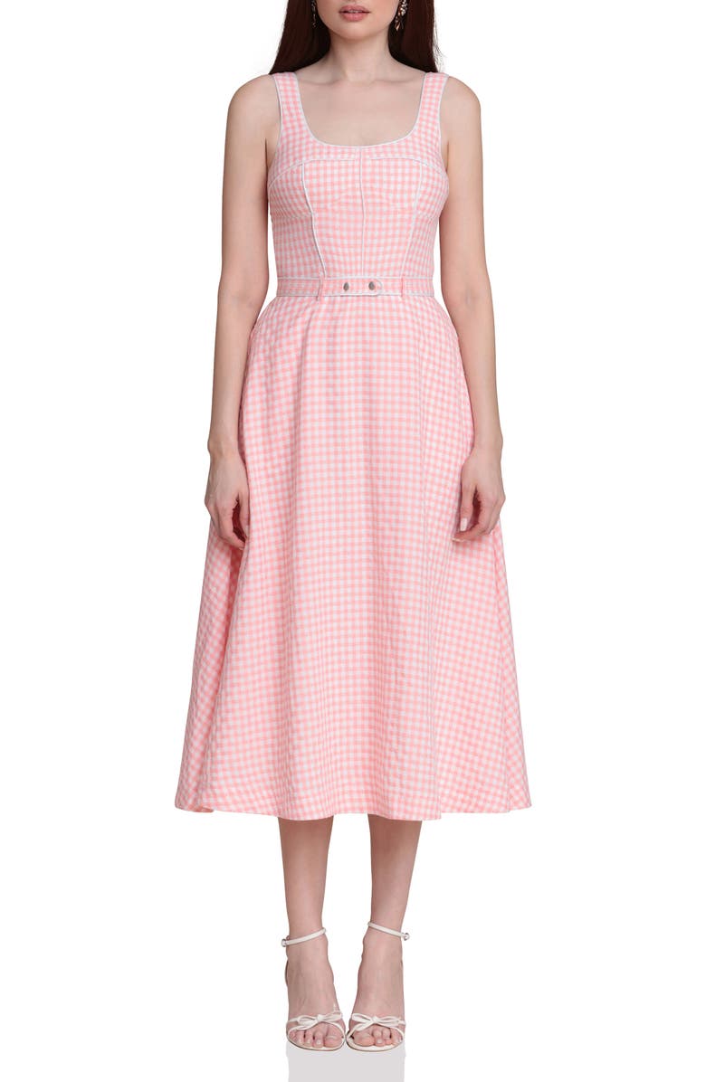 Avec Les Filles Bustier Bodice Gingham Midi Dress, Main, color, Pink - White Gingham