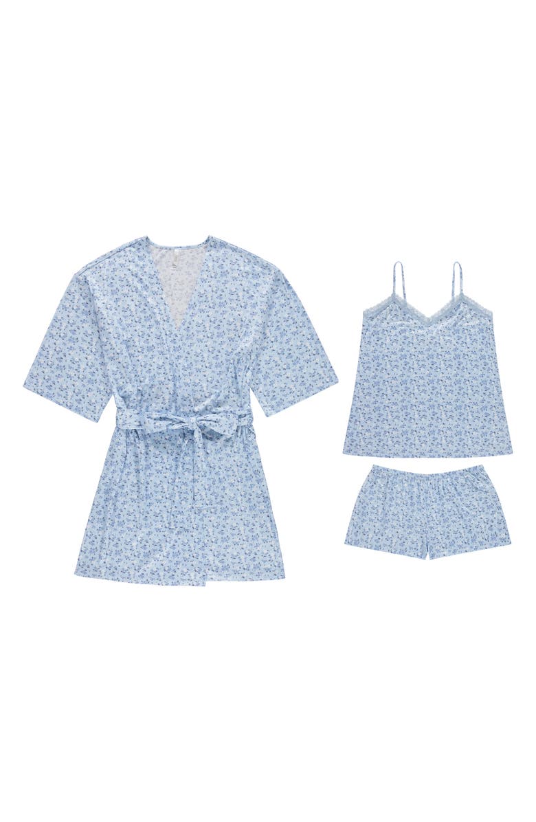 Flora By Flora Nikrooz Lotus Camisole, Shorts & Robe Travel Set, Alternate, color, Summer Ditsy Lt Blue