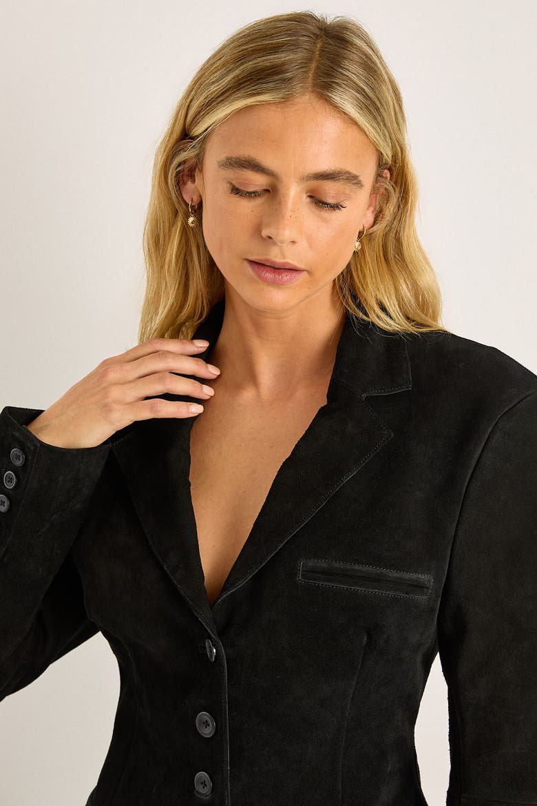 Real Suede Cinched Waist Blazer, Alternate, color, Black