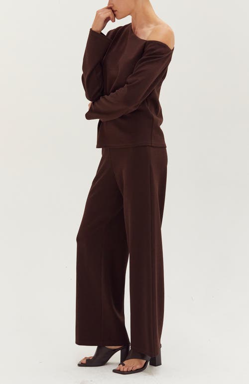 Crescent One Shoulder Top & Flowy Pants Two Piece Set In Brown