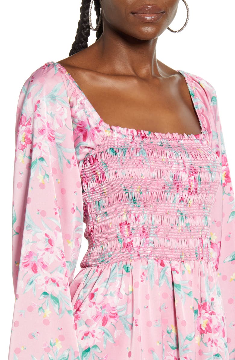 WAYF x Influencing in Color Long Sleeve Smocked Midi Dress, Alternate, color, 