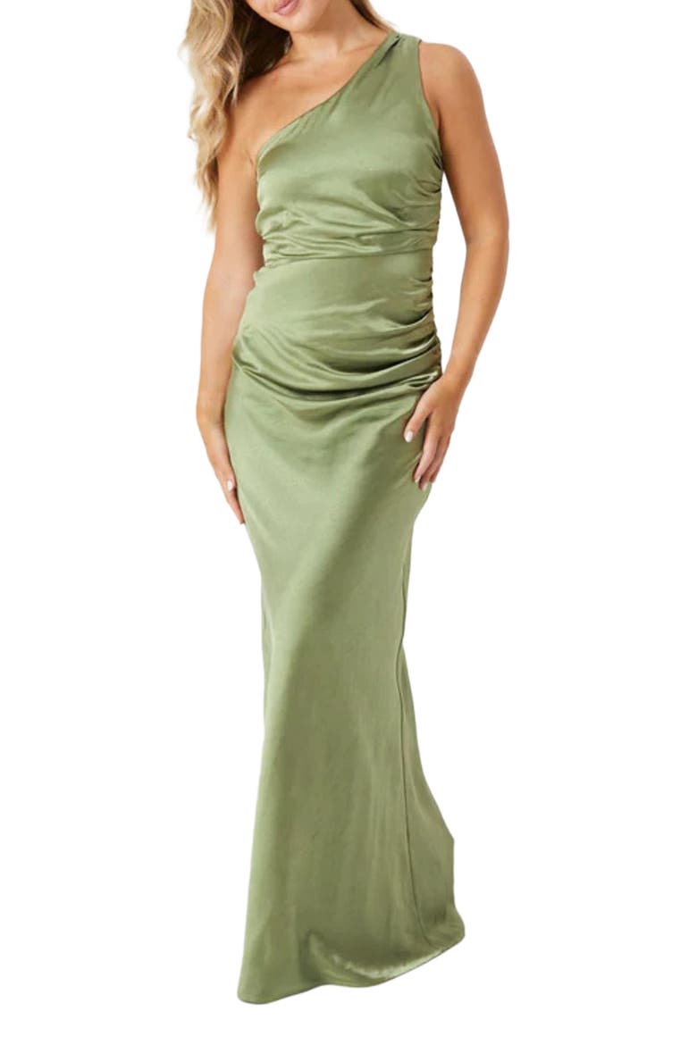 One Shoulder Satin Bridesmaid Dress, Alternate, color, Moss Green