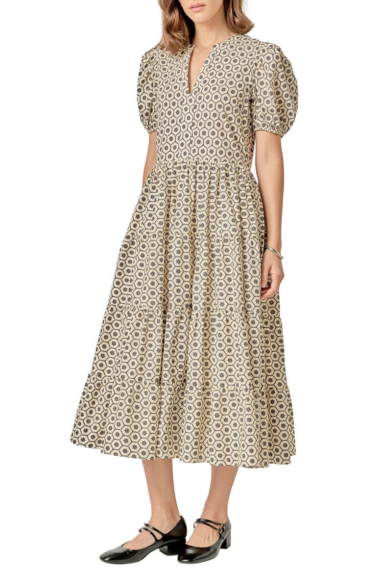Print Puff Sleeve Midi Dress, Alternate, color, BEIGE/ BLACK