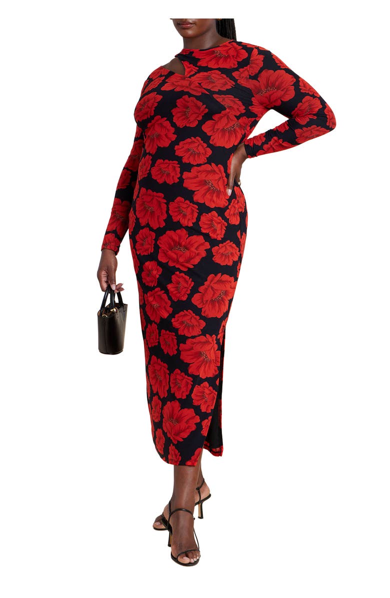 ELOQUII Shoulder Detail Mesh Dress, Main, color, Red Black Floral