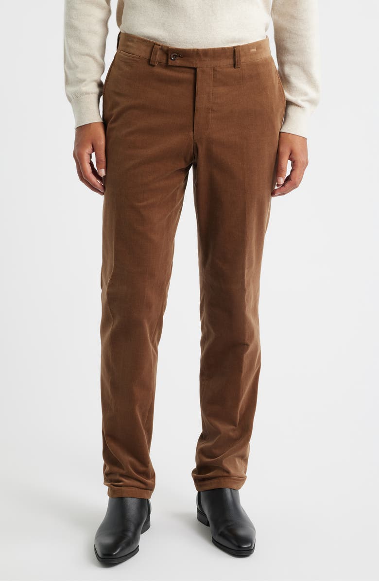 Jack Victor Palmer Brown Flat Front Cotton Stretch Corduroy Pants, Main, color, Camel