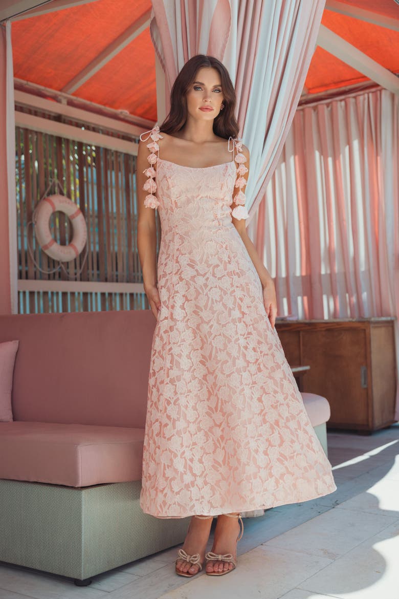 Floral Net Tie Strap Scoop Neck A Line Midi Dress, Alternate, color, Blossom Pink