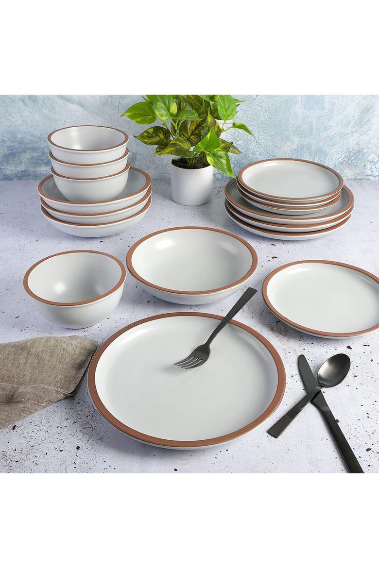 Lagos 16 Piece Terracotta Double Bowl Dinnerware Set, Alternate, color, White