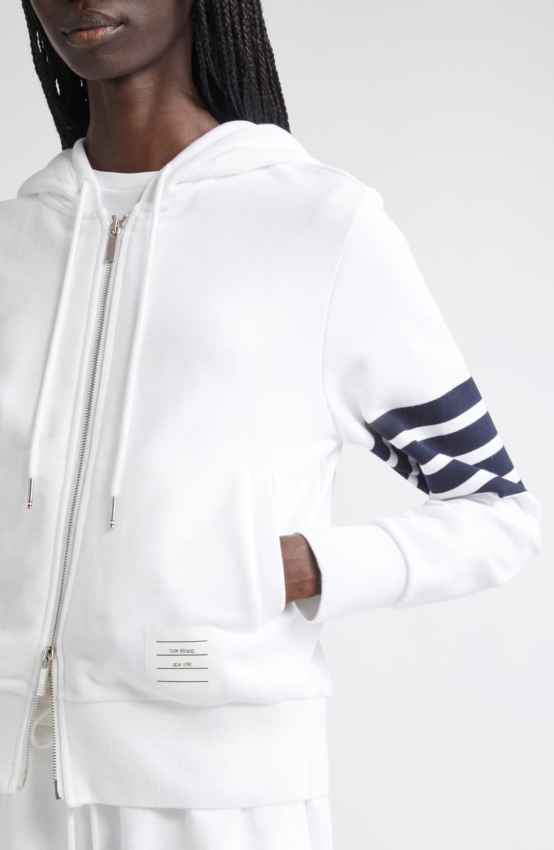 Thom Browne Classic 4-Bar Cotton French Terry Zip Hoodie, Alternate, color, White / Navy