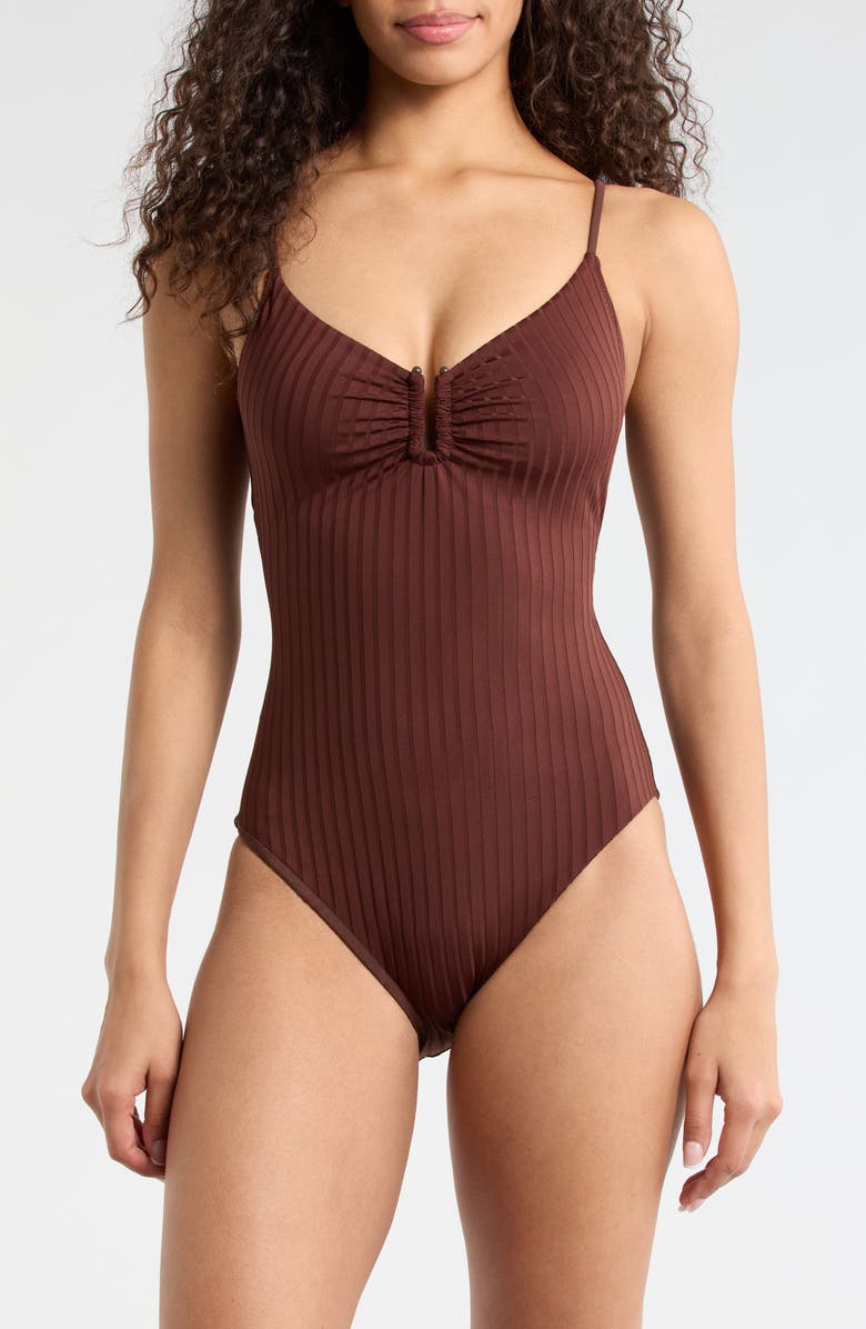 Sanctuary V-Wire Rib One-Piece Swimsuit, Main, color, Espresso