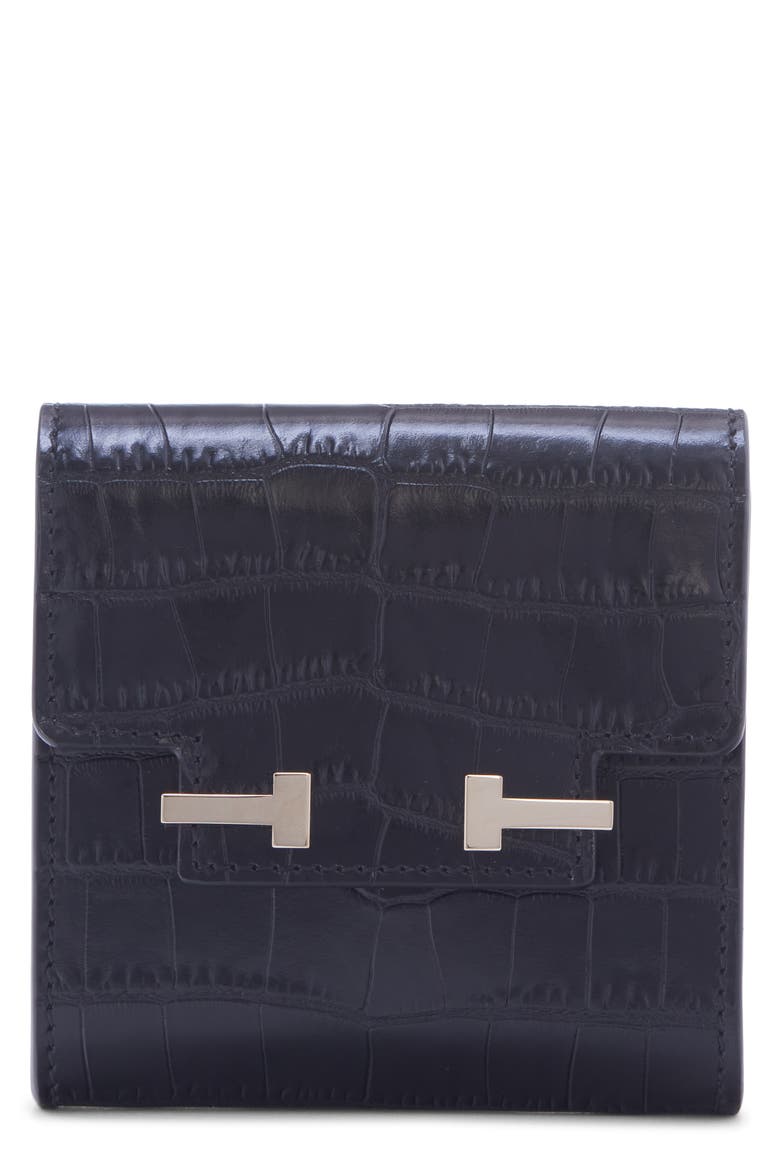 Aube Croc Embossed Leather Flap Card Case, Main, color, BLACK
