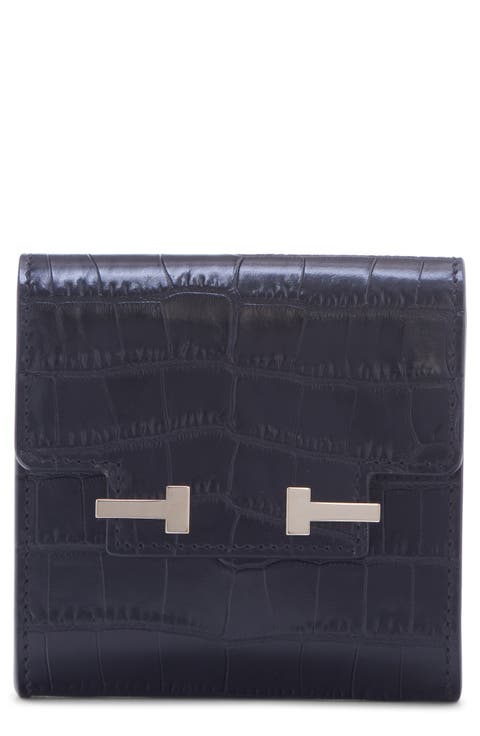 Aube Croc Embossed Leather Flap Card Case