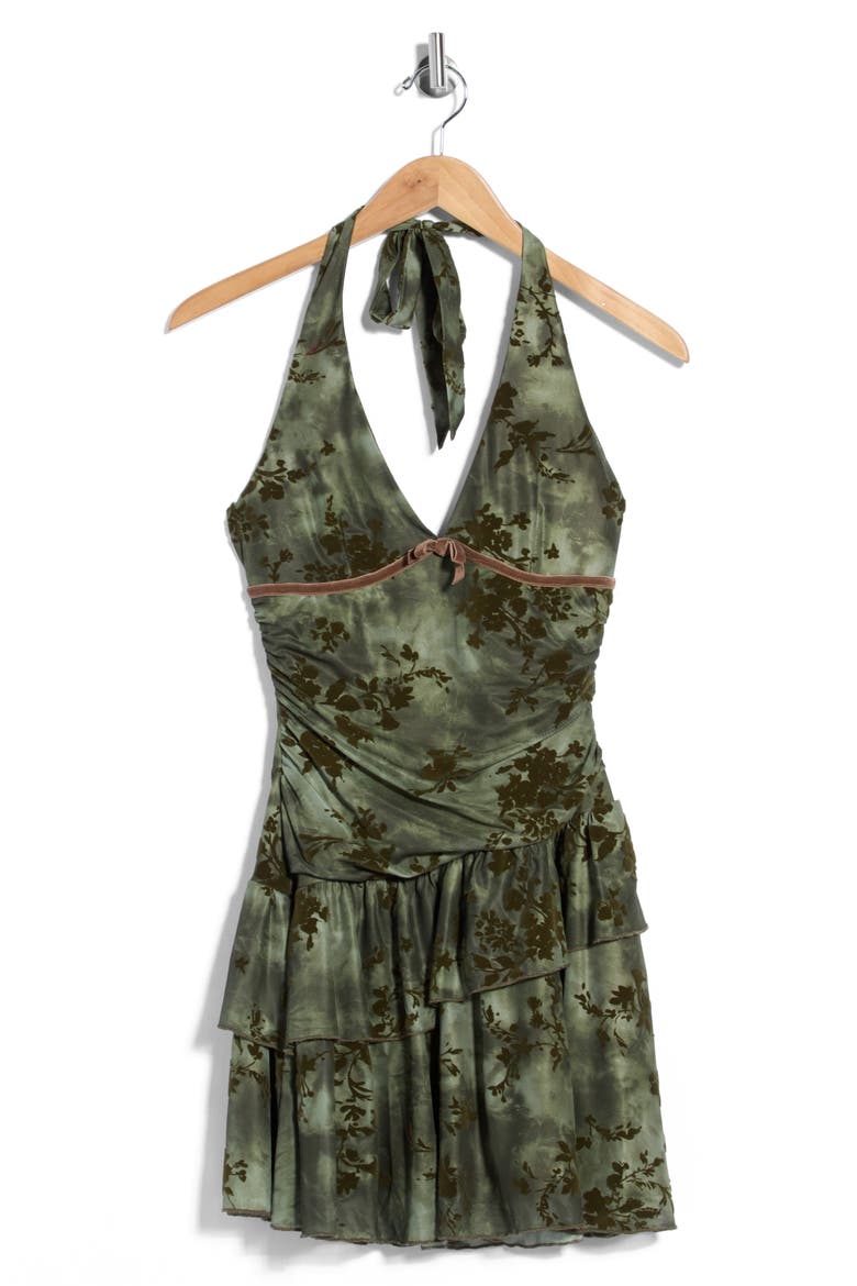 Ruched Drop Waist Halter Dress, Main, color, OLIVE COMBO