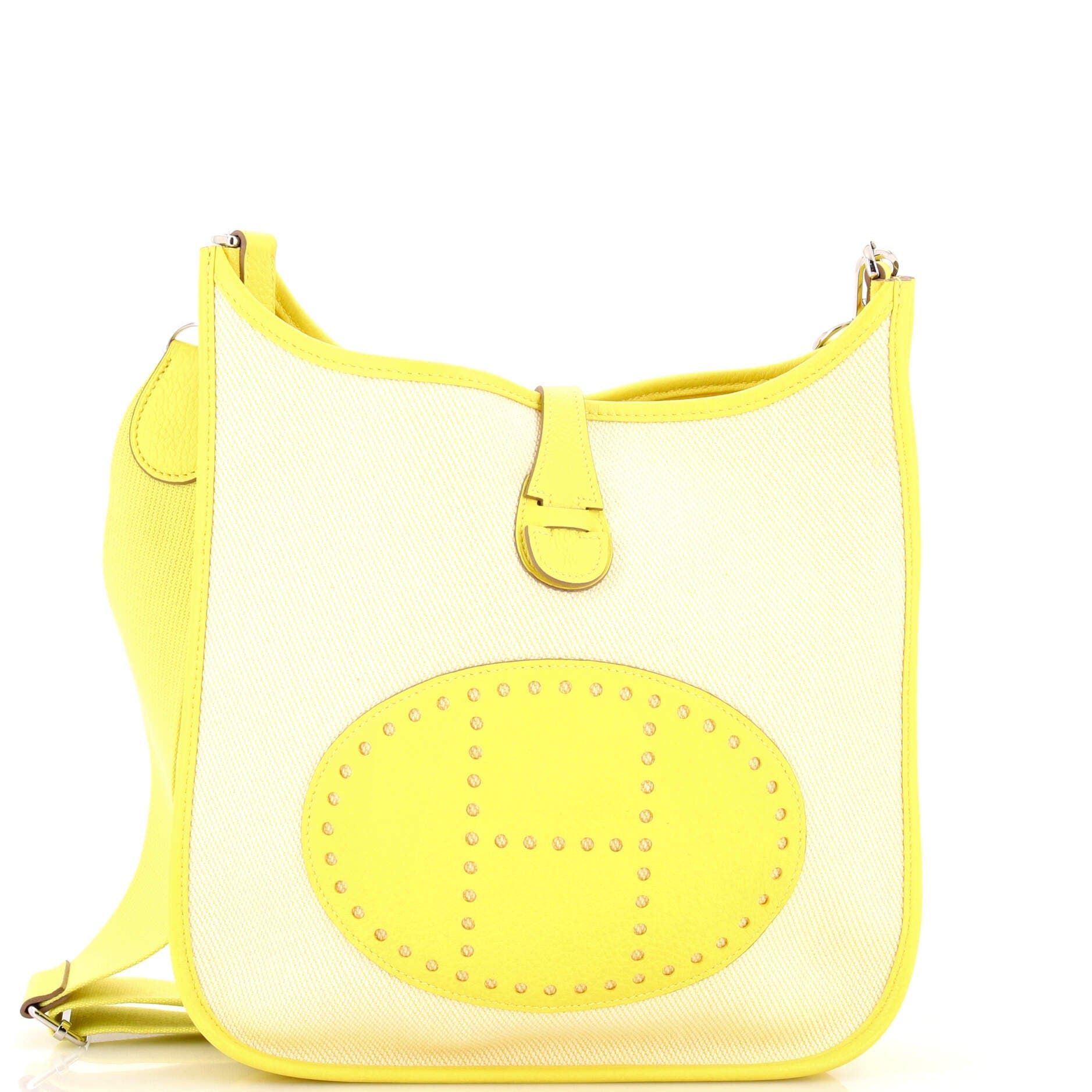 Pre-Owned Hermes Evelyne Bag Gen III Toile and Leather PM, Main, color, Lime