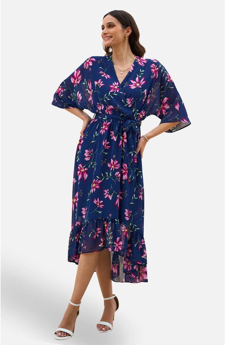 Yumi Floral Kimono Wrap Dipped Hem Midi Dress, Alternate, color, Navy