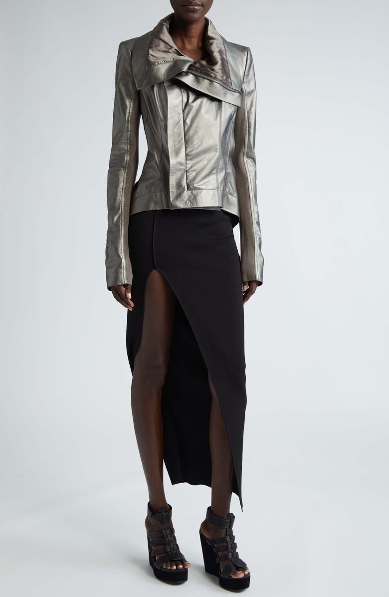 Rick Owens Naska Drape Metallic Lambskin Biker Jacket, Main, color,