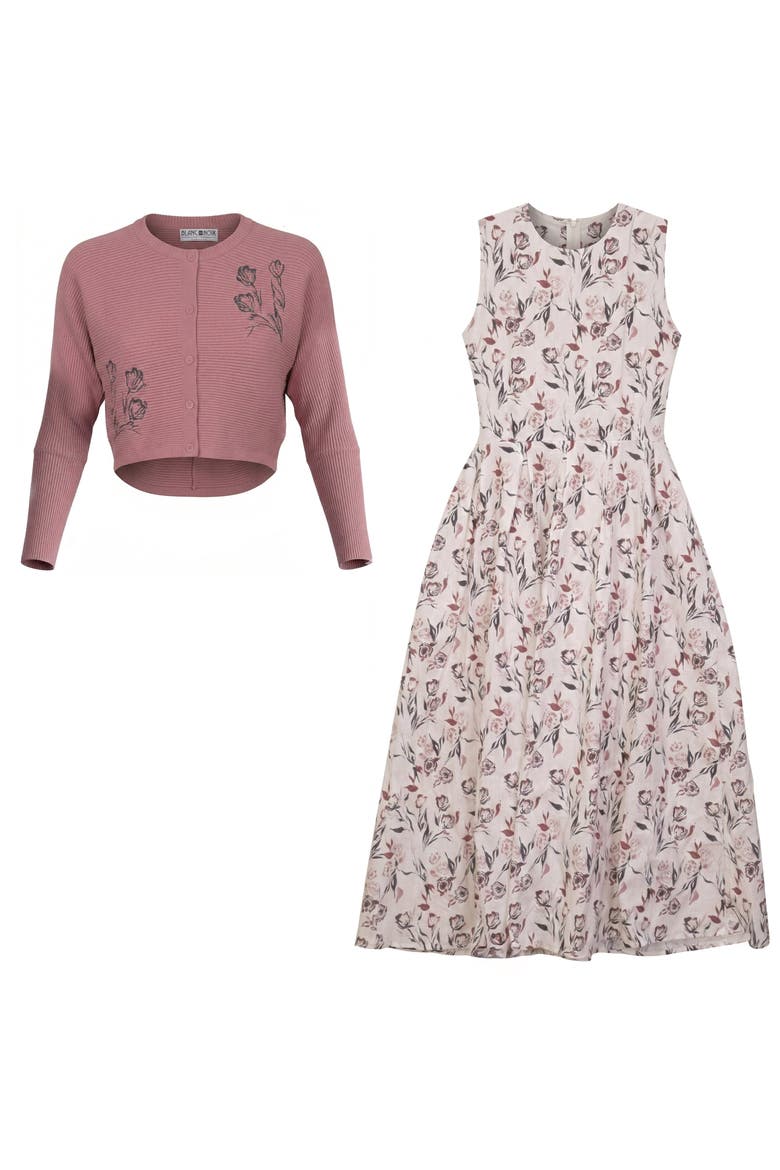 Embroidered Cotton Cardigan and Pleated Dress 2-Piece Set, Main, color, Light Champagne