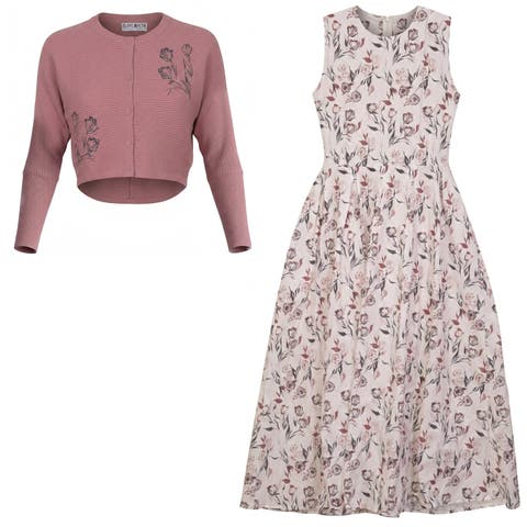 Embroidered Cotton Cardigan and Pleated Dress 2-Piece Set