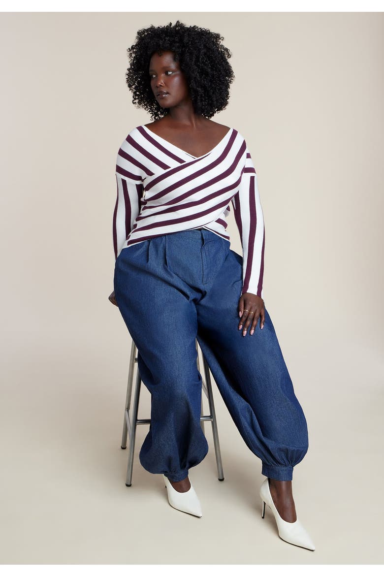 Striped Wrap Front Cropped Sweater, Alternate, color, BURGUNDY/WHITE STRIPE