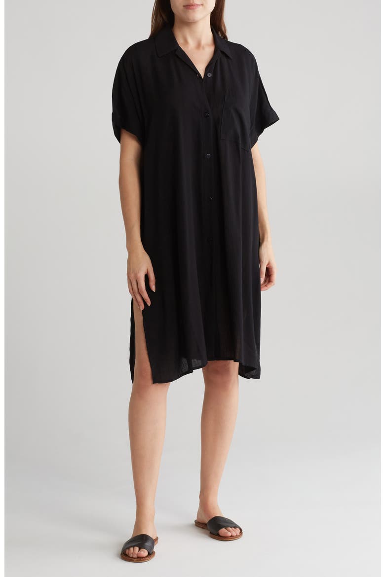 Everyday Button-Down Beach Cover-Up Tunic, Main, color, BLACK