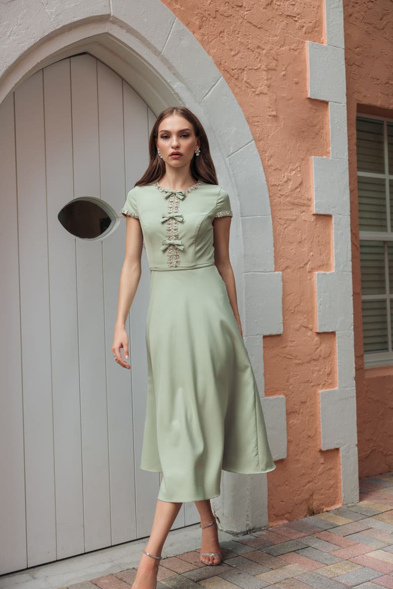 Crepe Midi Dress With Rhinestone Beading, Alternate, color, Sage