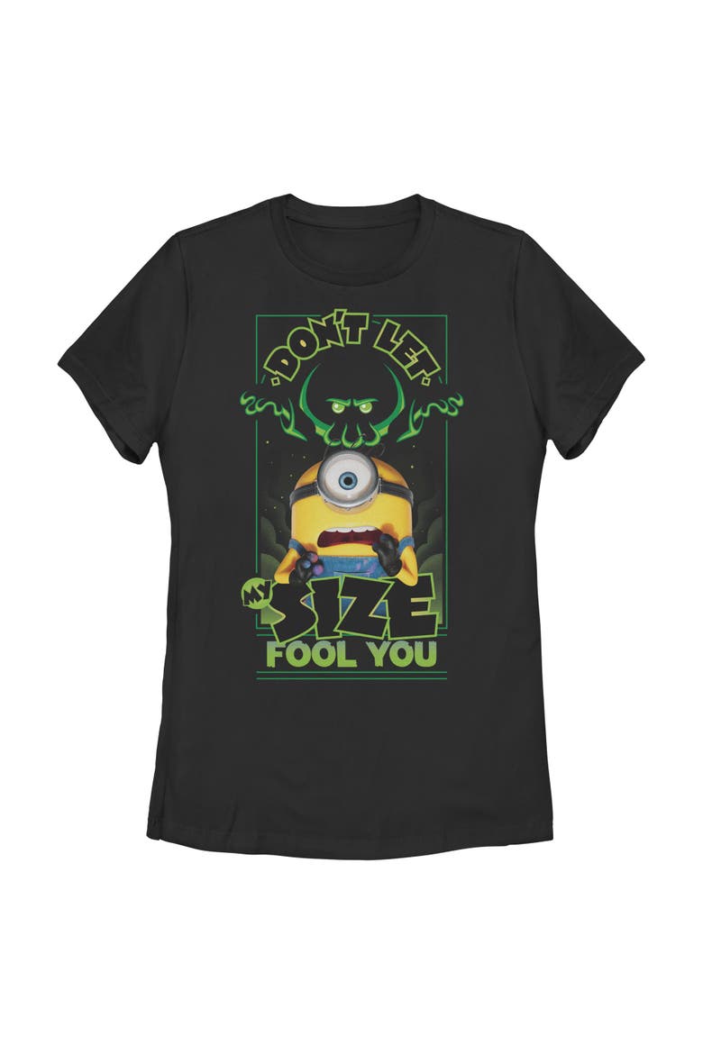 Junior's Minions & Monsters Don't Let My Size Fool You  Graphic T-Shirt, Main, color, Black
