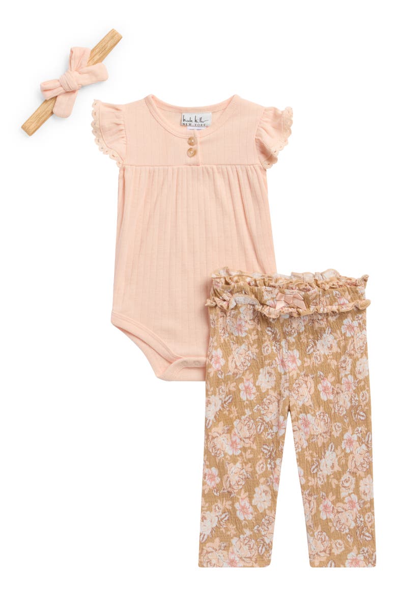 Ruffle Detail Bodysuit, Floral Pants & Headband Set, Main, color, PALE PEACH
