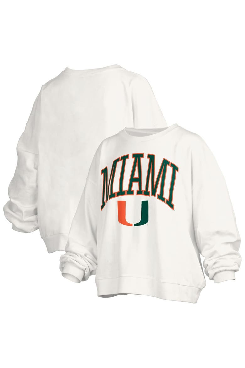 Women's Pressbox White Miami Hurricanes Janise Arch Over Logo Waist Length Oversized Pullover Sweatshirt, Main, color, White