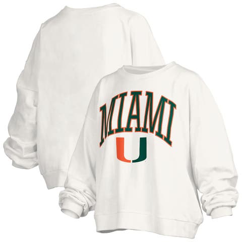 Women's Pressbox White Miami Hurricanes Janise Arch Over Logo Waist Length Oversized Pullover Sweatshirt