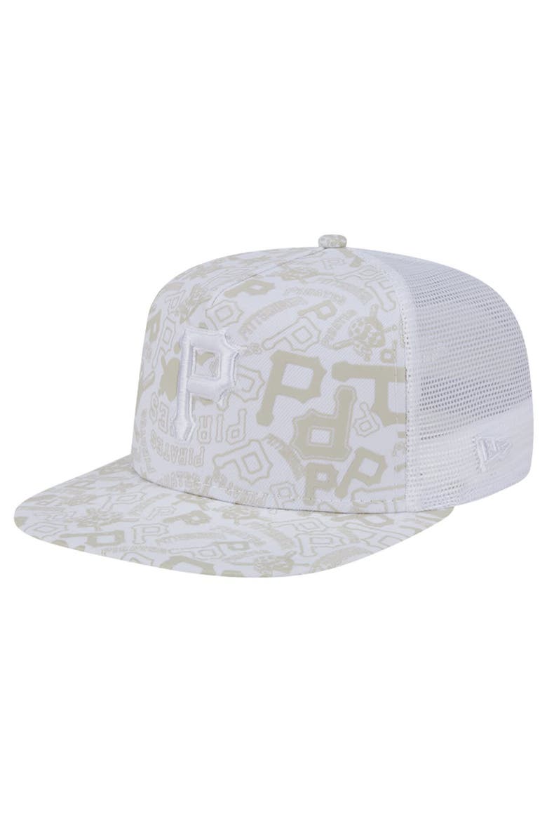 Men's New Era White Pittsburgh Pirates Logo Dunes A-Frame Trucker 9FIFTY Snapback Hat, Main, color, White