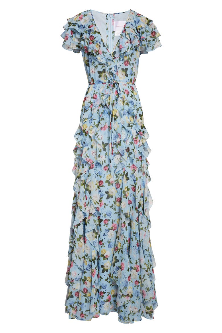 Floral Ruffle Silk Chiffon Gown, Alternate, color, CLOUDY BLUE MULTI