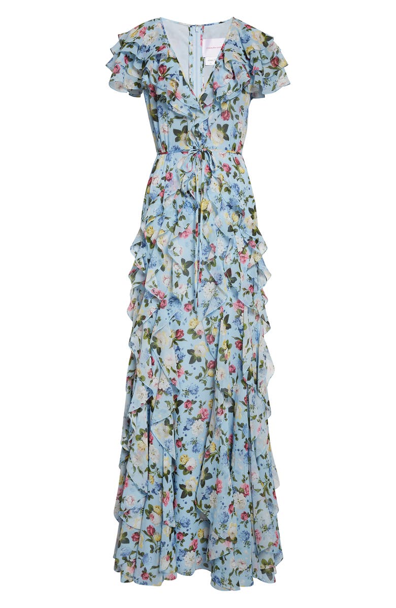 Carolina Herrera Floral Ruffle Silk Chiffon Gown, Alternate, color, Cloudy Blue Multi