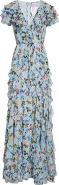 Carolina Herrera Floral Ruffle Silk Chiffon Gown