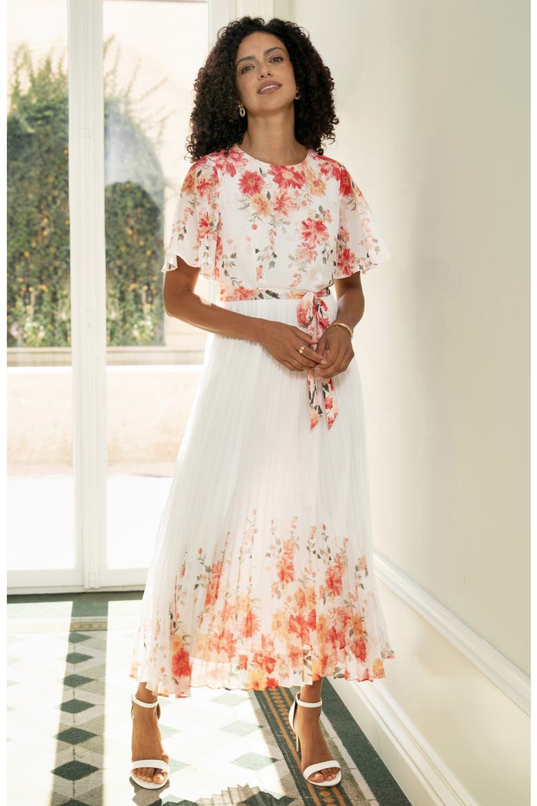Short Sleeve Pleated Midi Dress, Alternate, color, White, Coral