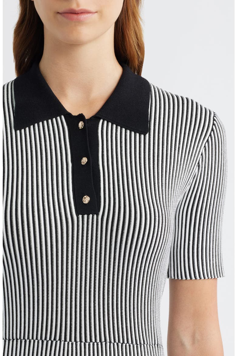Collared Short Sleeve Ribbed Sweater Dress, Alternate, color, BLACK/ IVORY