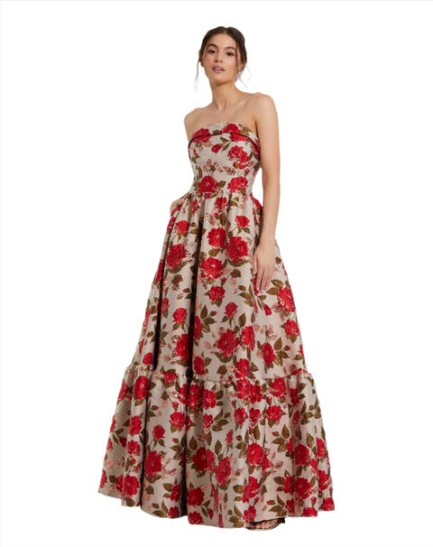【Mac Duggal】フローラル スパンコール エンベリッシュドドレス Multicolor Strapless Floral Brocade A-Line Gown | Mac Duggal