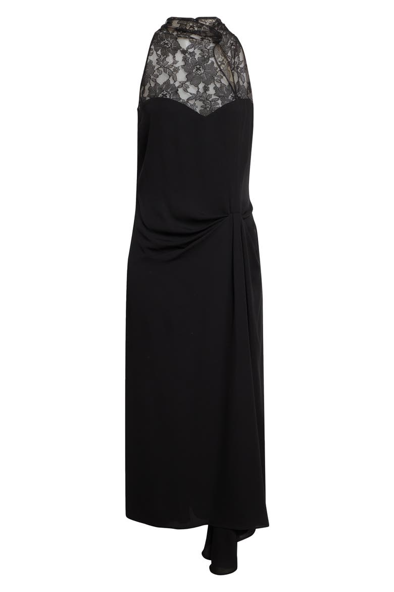 Lace Yoke Silk Georgette Gown, Alternate, color, BLACK